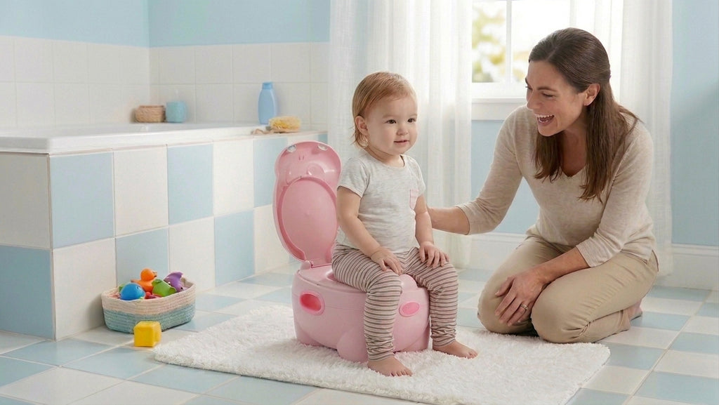Pot bébé Hopopot rose, en situation, enfant assis
