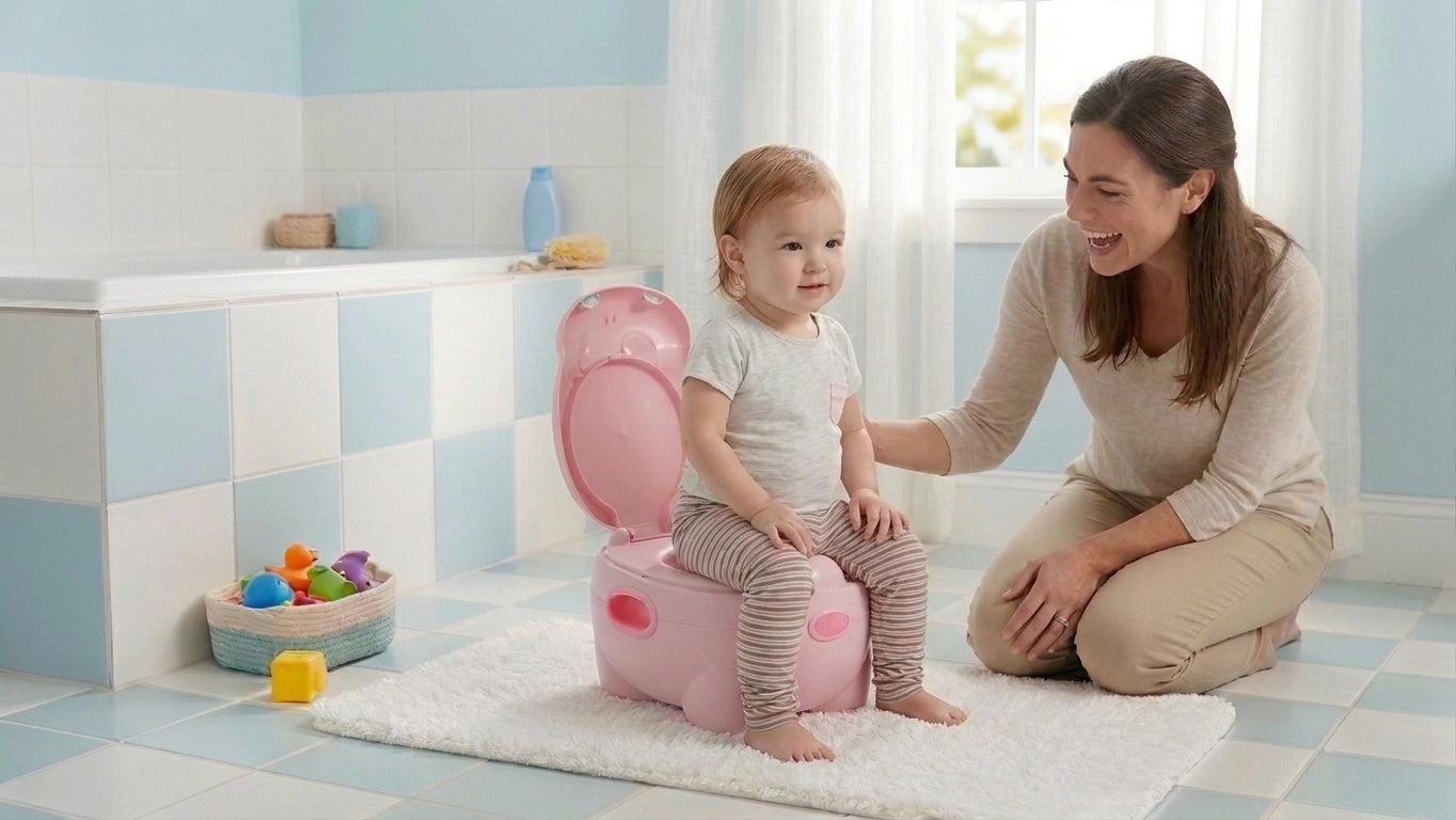 Pot bébé Hopopot rose, en situation, enfant assis