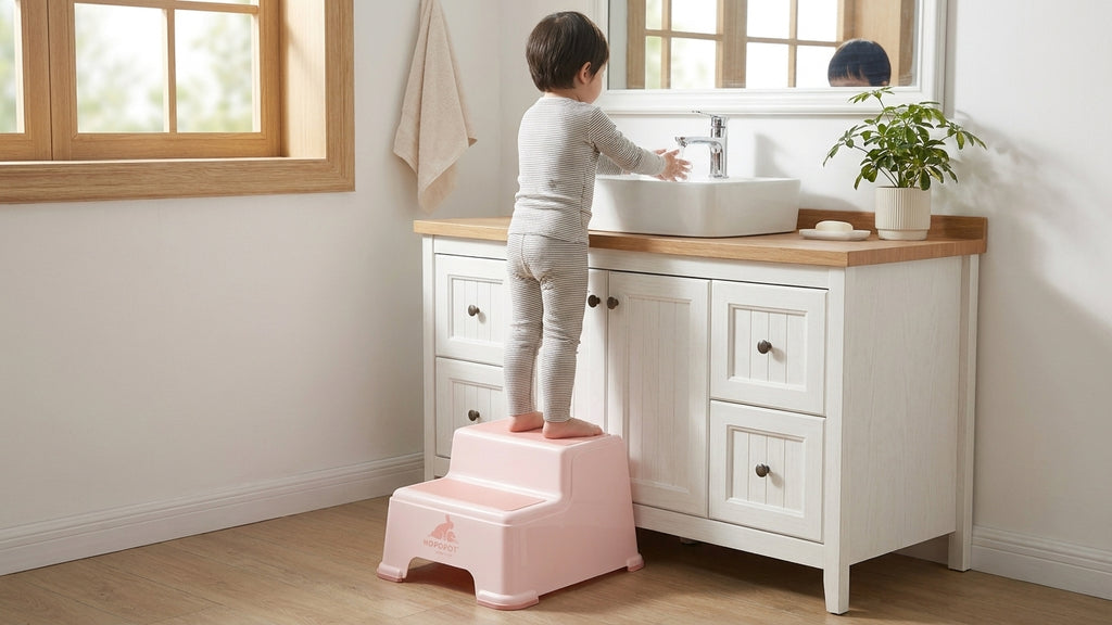 Marche-pieds bébé HOPOPOT rose douceur, vue salle de bain